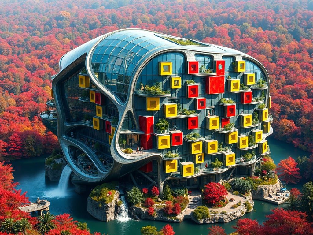 Teslapunk Fractal Building in a Red Forest Landscape