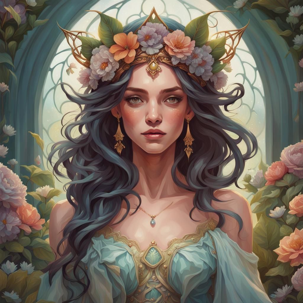 Beautiful garden witch goddess, ornate fairy crown, californ...