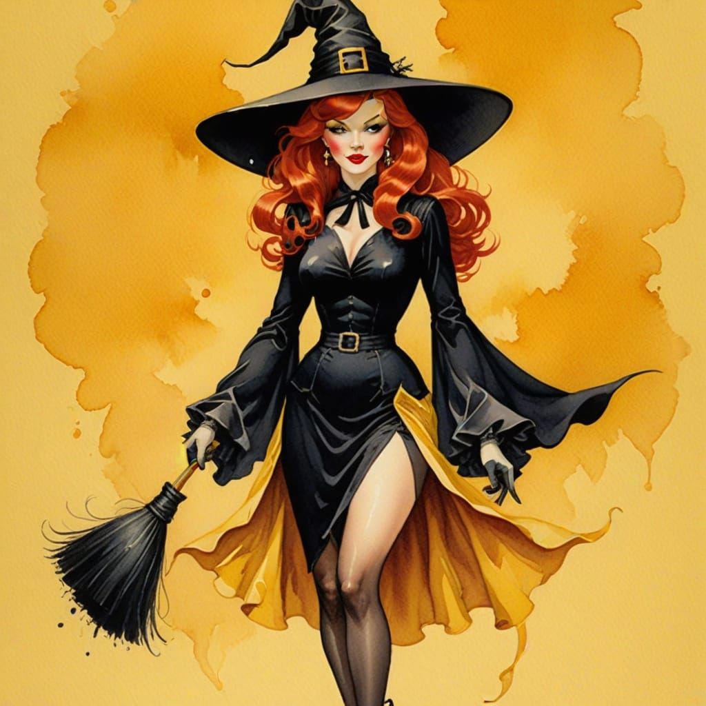 Whimsical Watercolor Witch in Retro Style