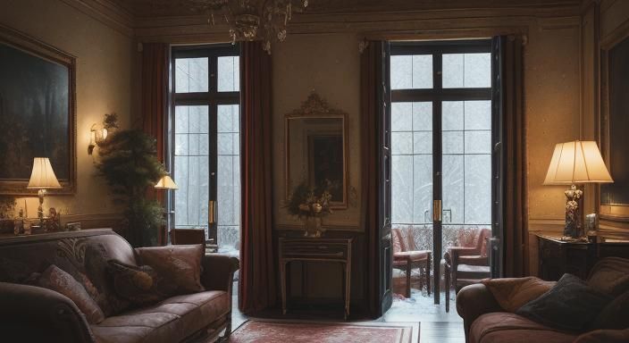 Cozy Christmas Interior in Snowy Night