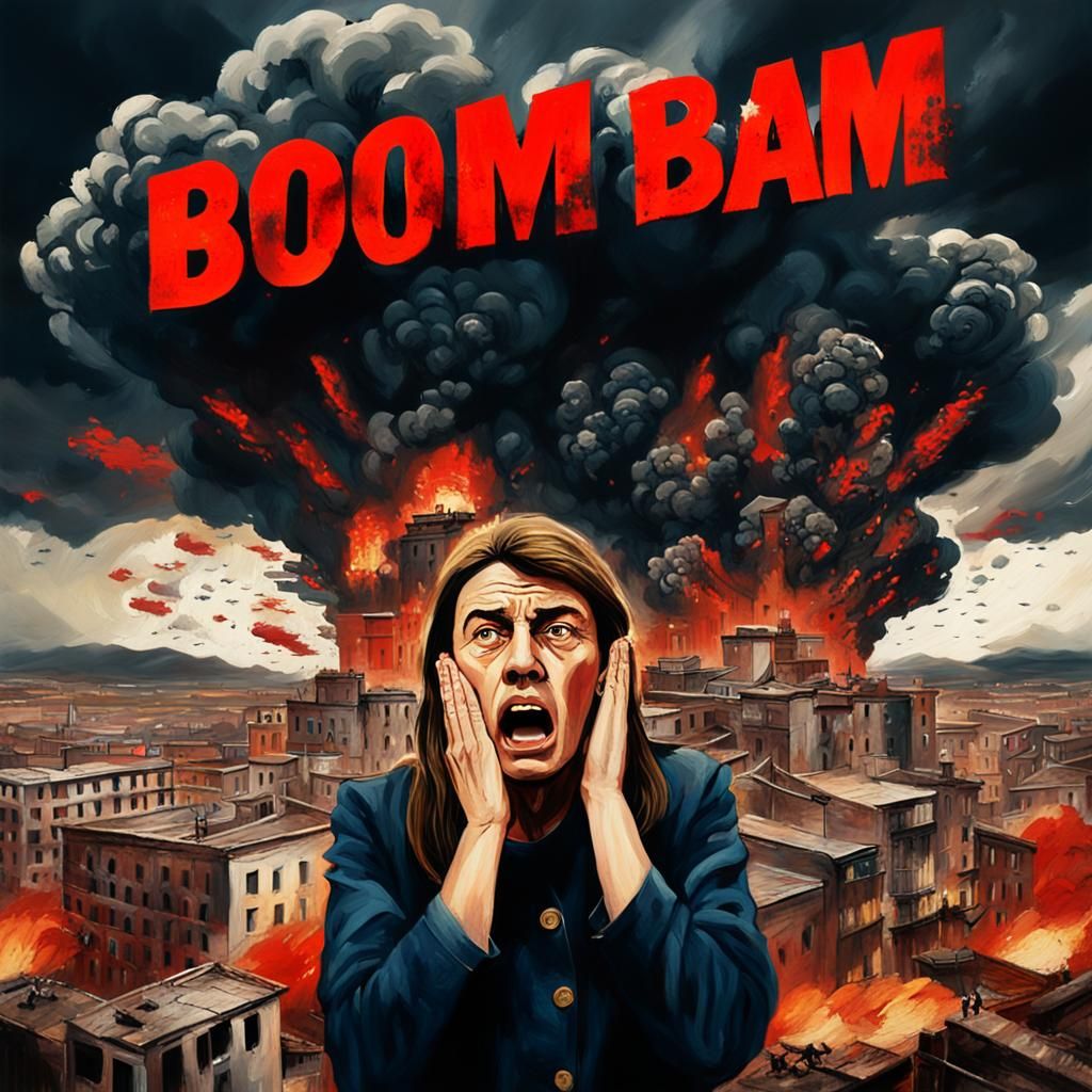 City Under Siege: Explosions in Oil Painting Style