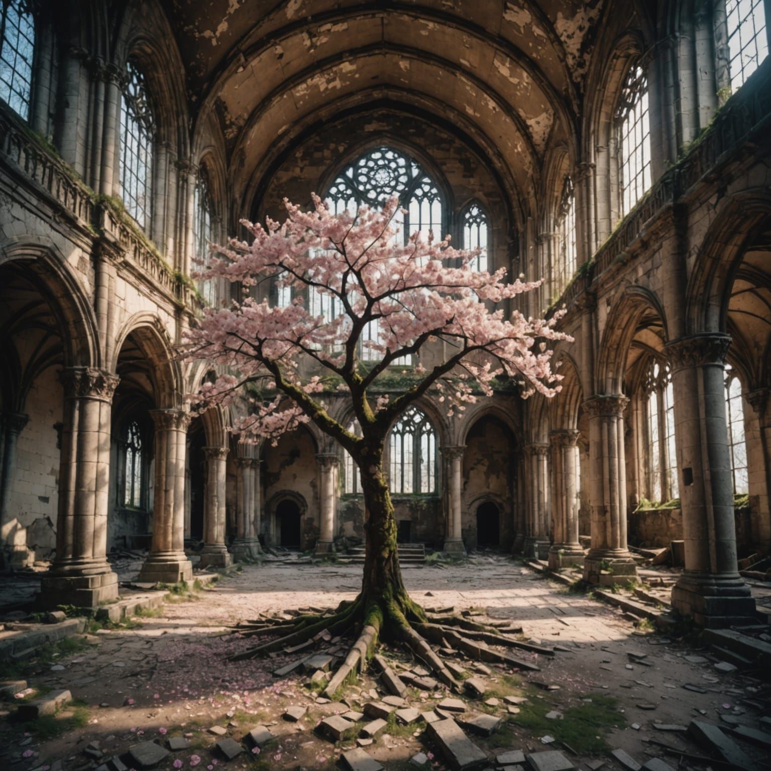 Cherry Blossom Tree in Abandoned Cathedral: Hyperrealistic H...
