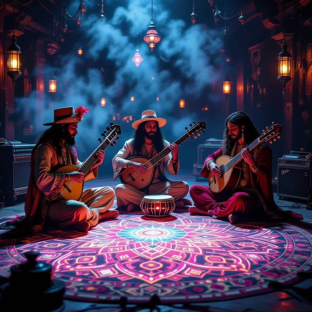 Steampunk Musicians Play Traditional Instruments Amidst Neon...