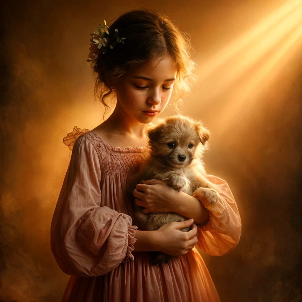 Ethereal Portrait of a Young Girl and Her Puppy in Golden Ho...