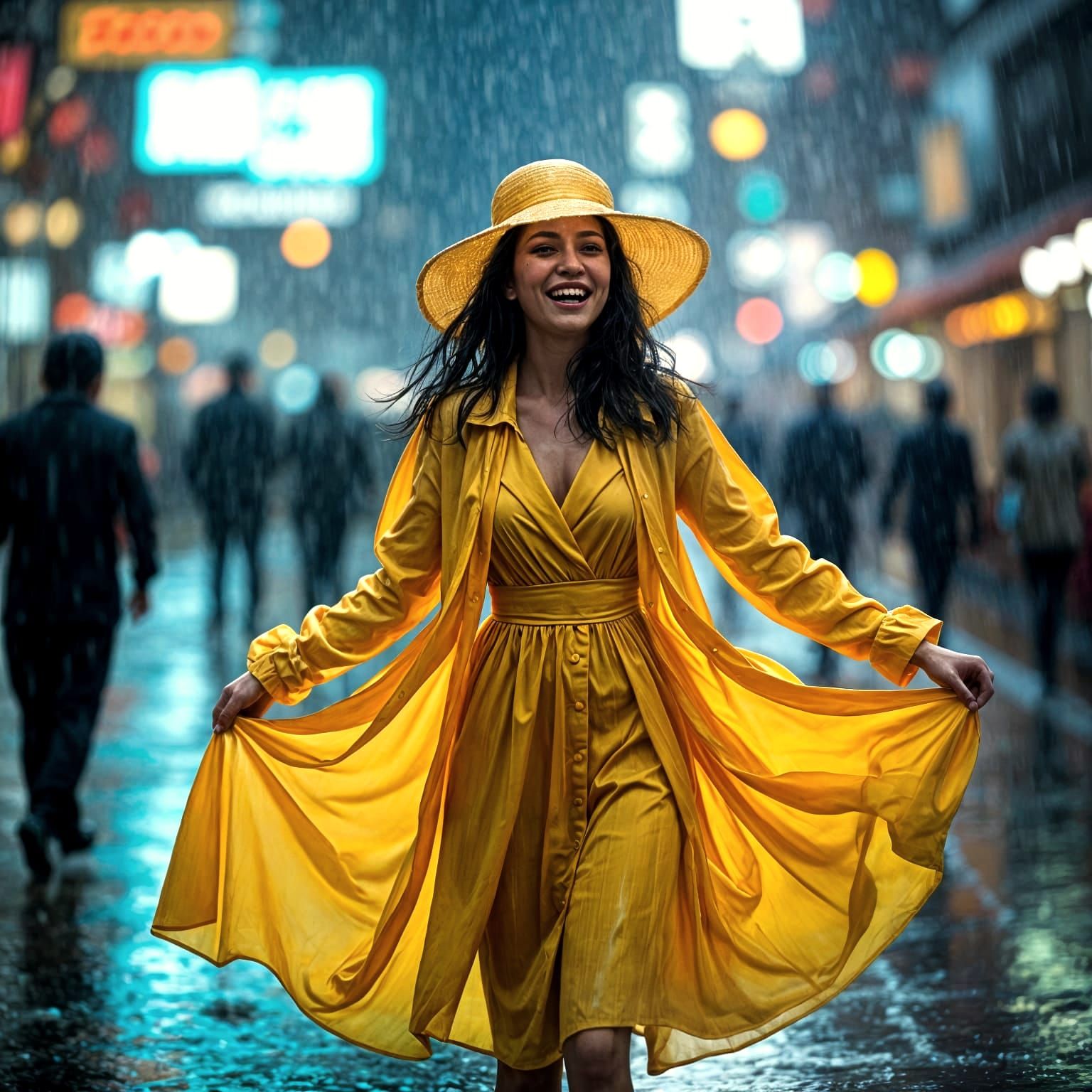 A Joyful Woman Dancing in a Cinematic Rain Storm