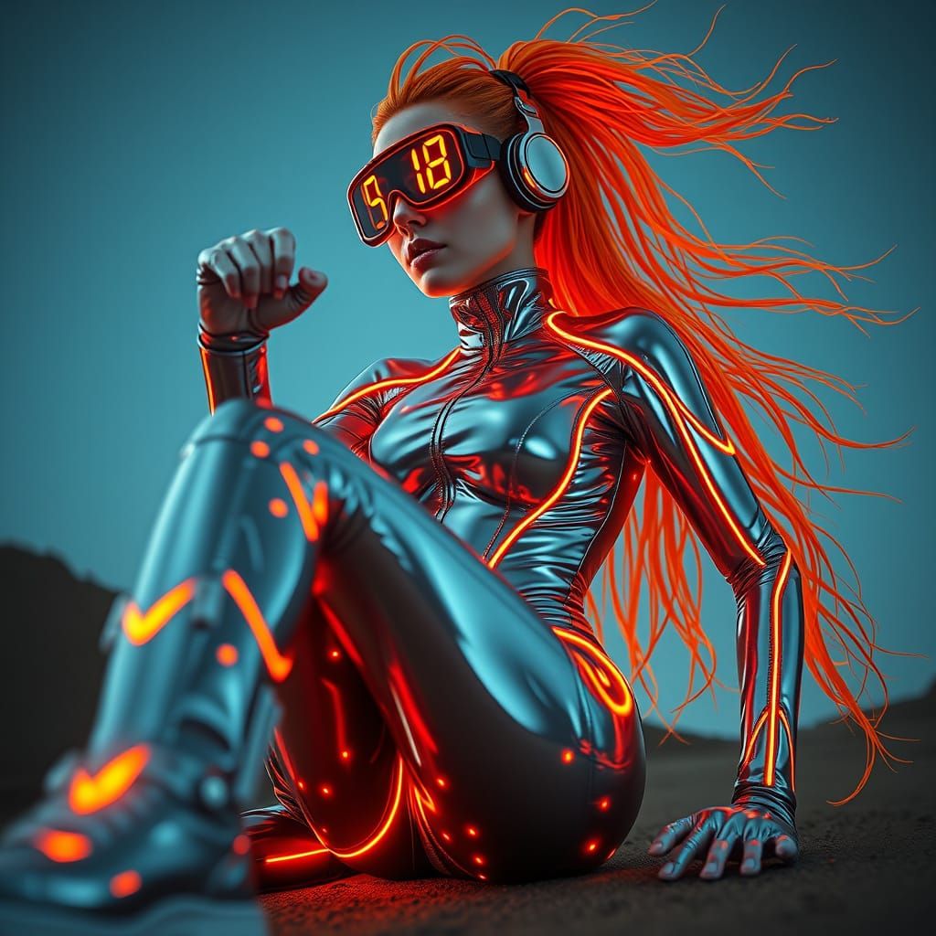 Futuristic Woman in Chrome Suit with Neon Accents
