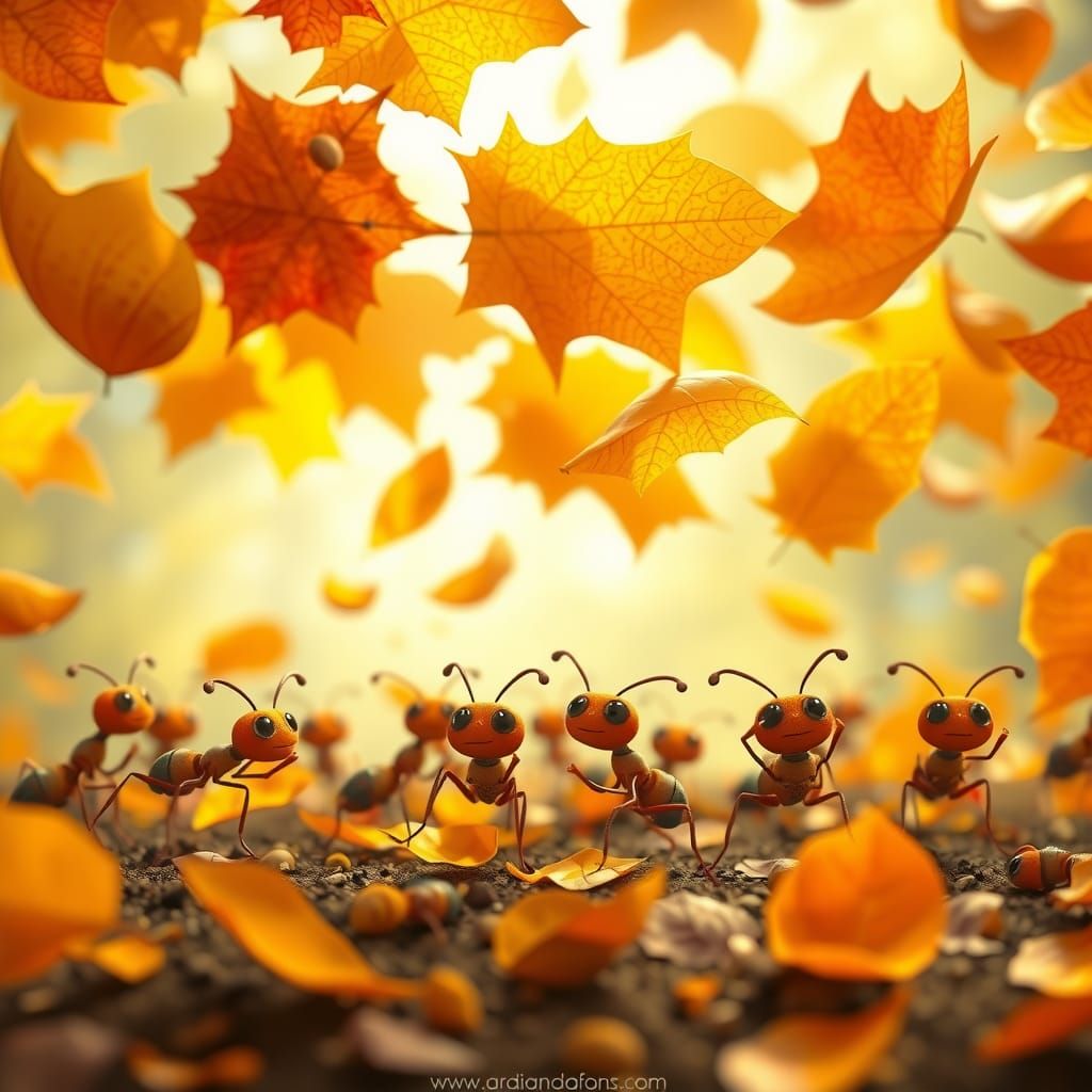 Panicked Ants Fleeing Falling Autumn Leaves
