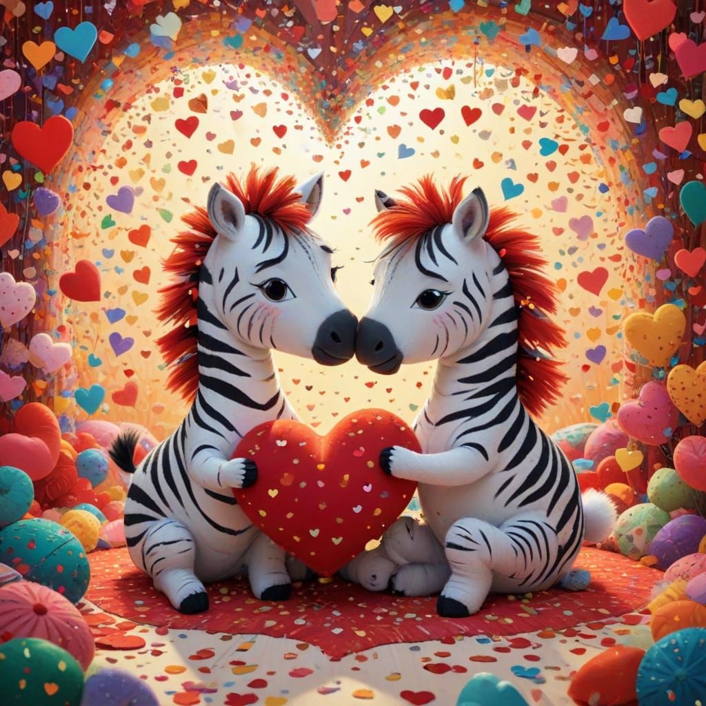 Whimsical Zebras Share Tender Moment on Heart-Shaped Cushion...