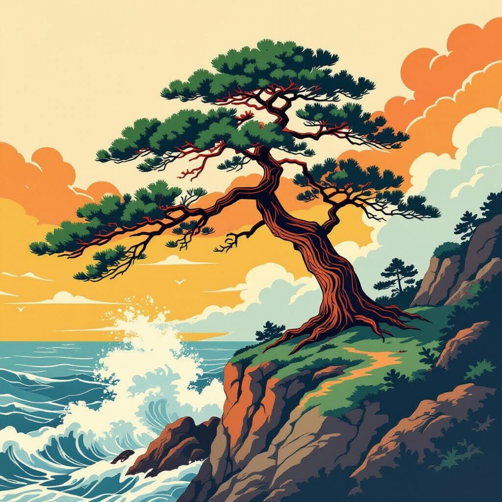 Ukiyo-e Pine Tree on Rocky Cliff