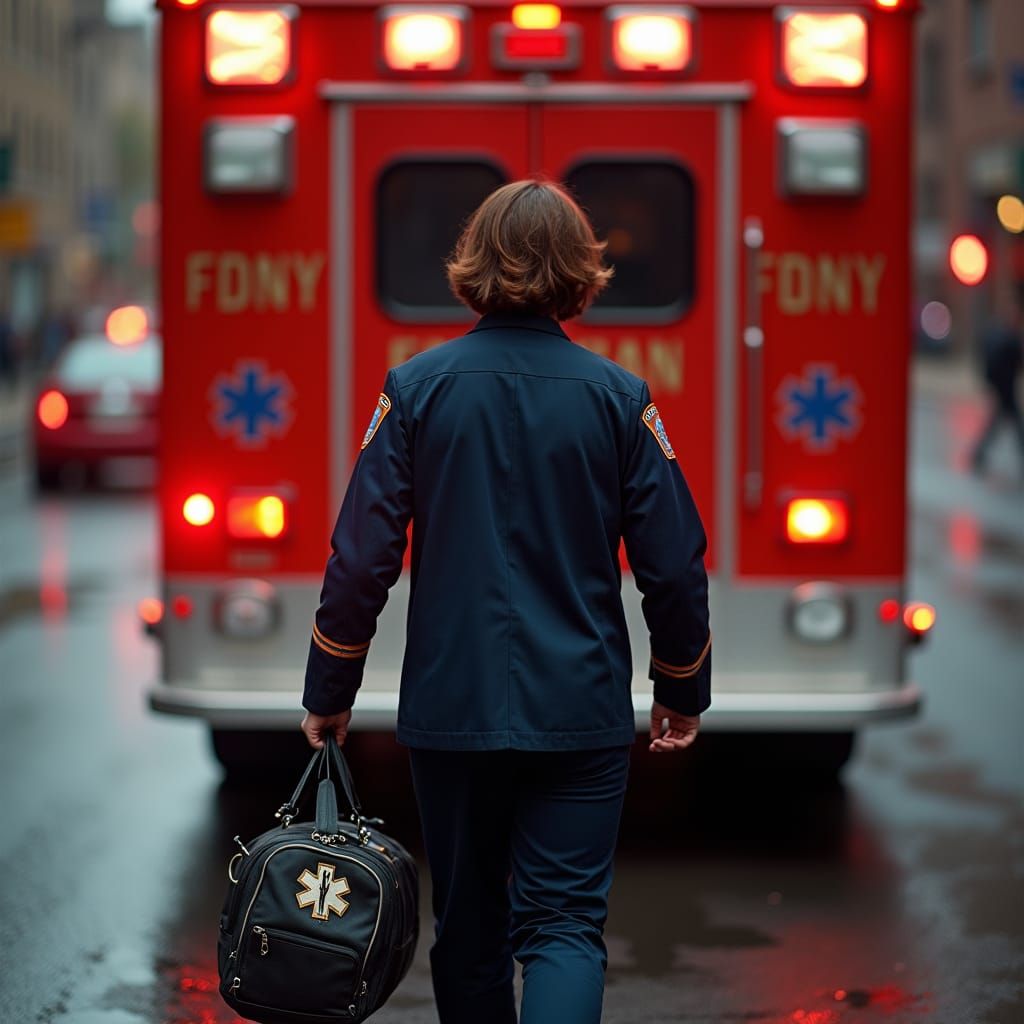 Paramedic Walks from FDNY Ambulance in Cinematic Style