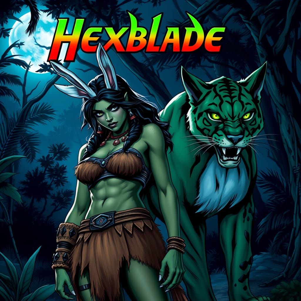 Half-Orc Warrior and Green Cougar in Moonlit Mexican Forest