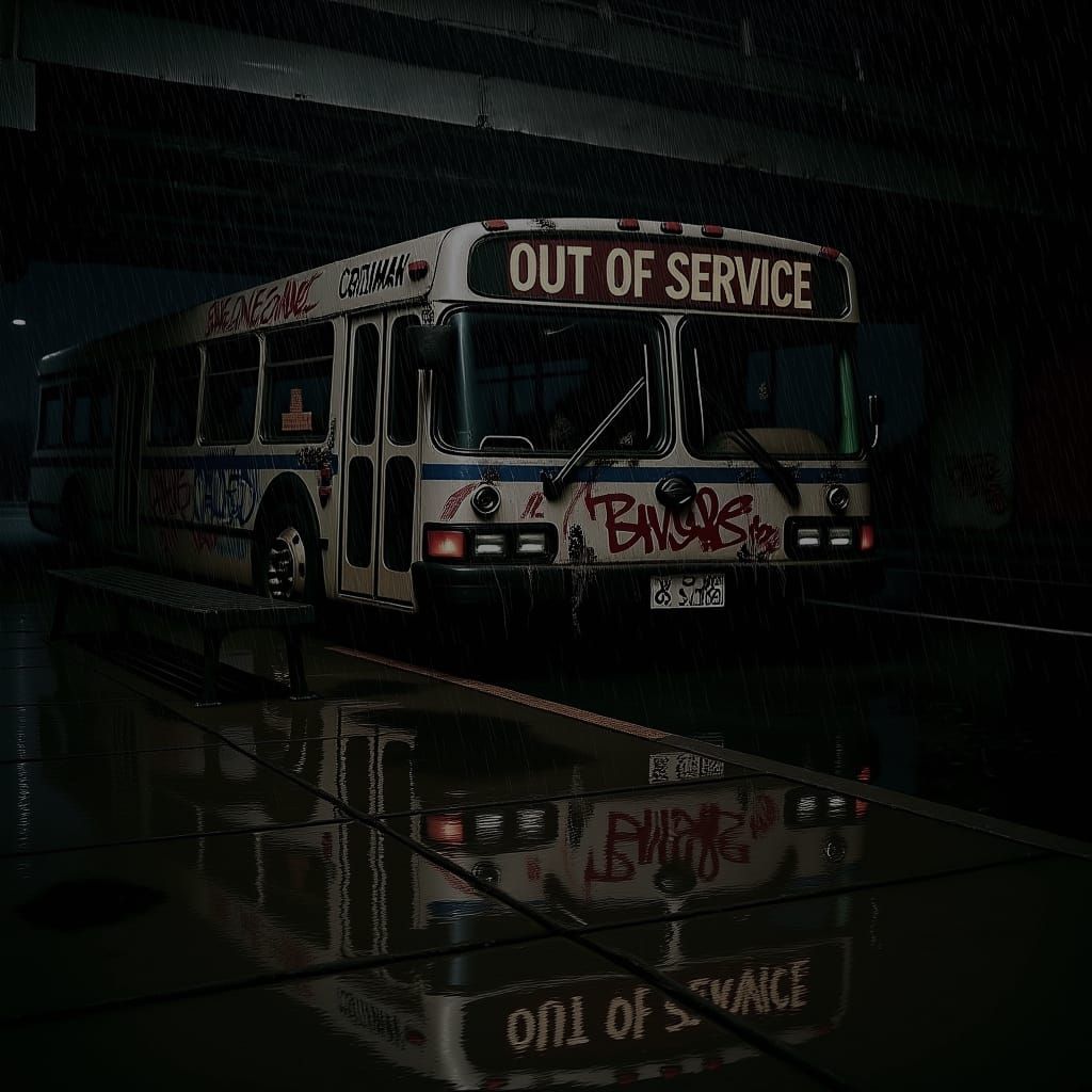 Abandoned Bus Under Overpass at Midnight