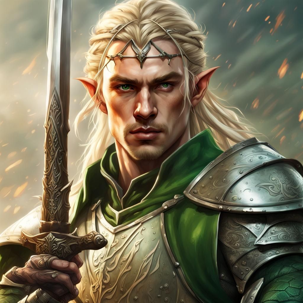 Elven Warrior in Green Armor: Hyperrealistic Battlefield Sce...