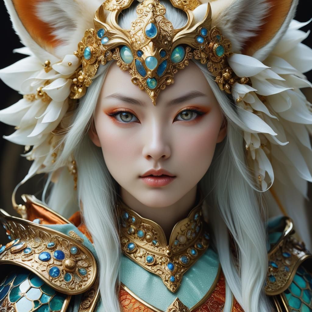 Kitsune Woman in Ornate Armor, Professional Portrait