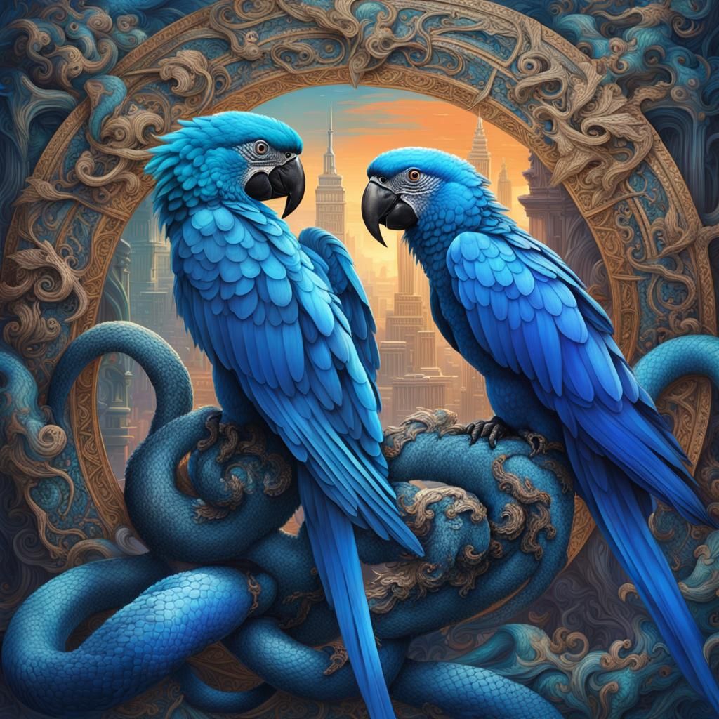 A Spix’s macaw and a blue snake hyperdetailed Eldritch Wadim...