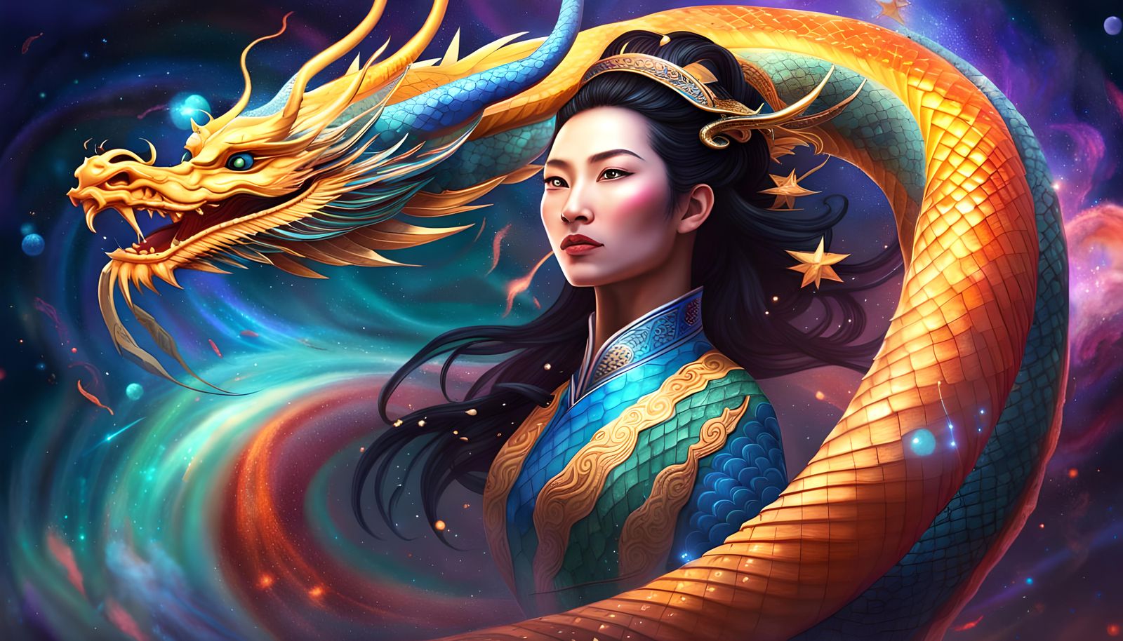 Celestial Naga Queen Soaring Through Galaxy
