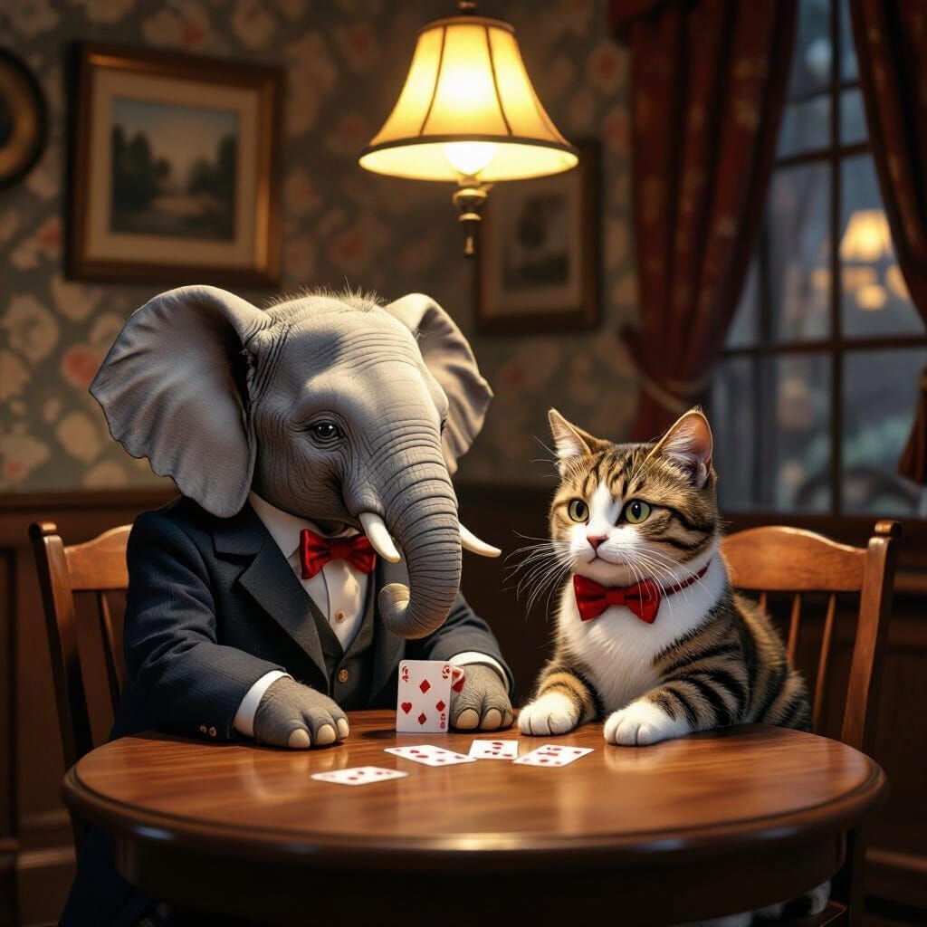 Elephant and Cat Play Cards in Whimsical Vintage Style