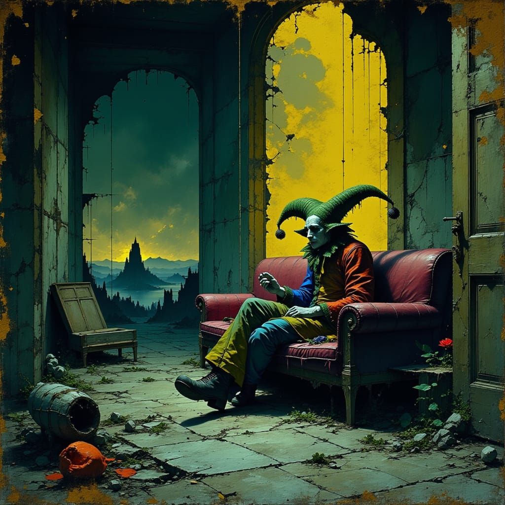 Melancholy Jester in Gothic Horror Landscape