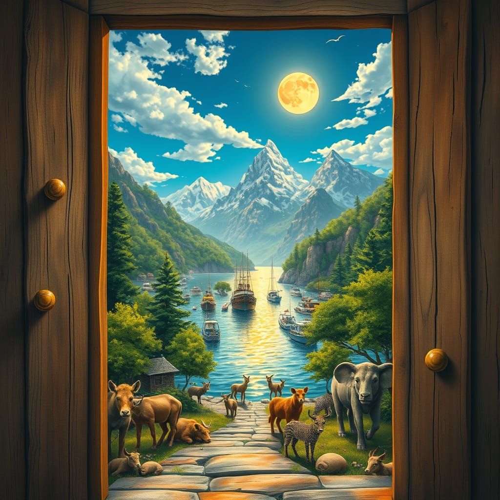 Serene Port Scene Through Open Door