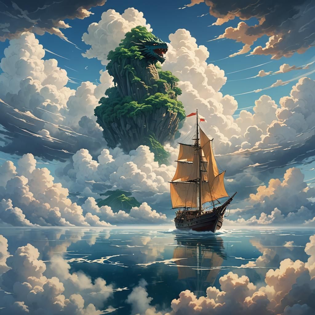 Dragon Sailboat Soaring Through Clouds: Anime Key Visual