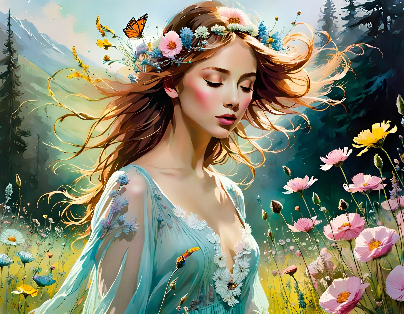 Vibrant Bloom Meadow Watercolor Landscape