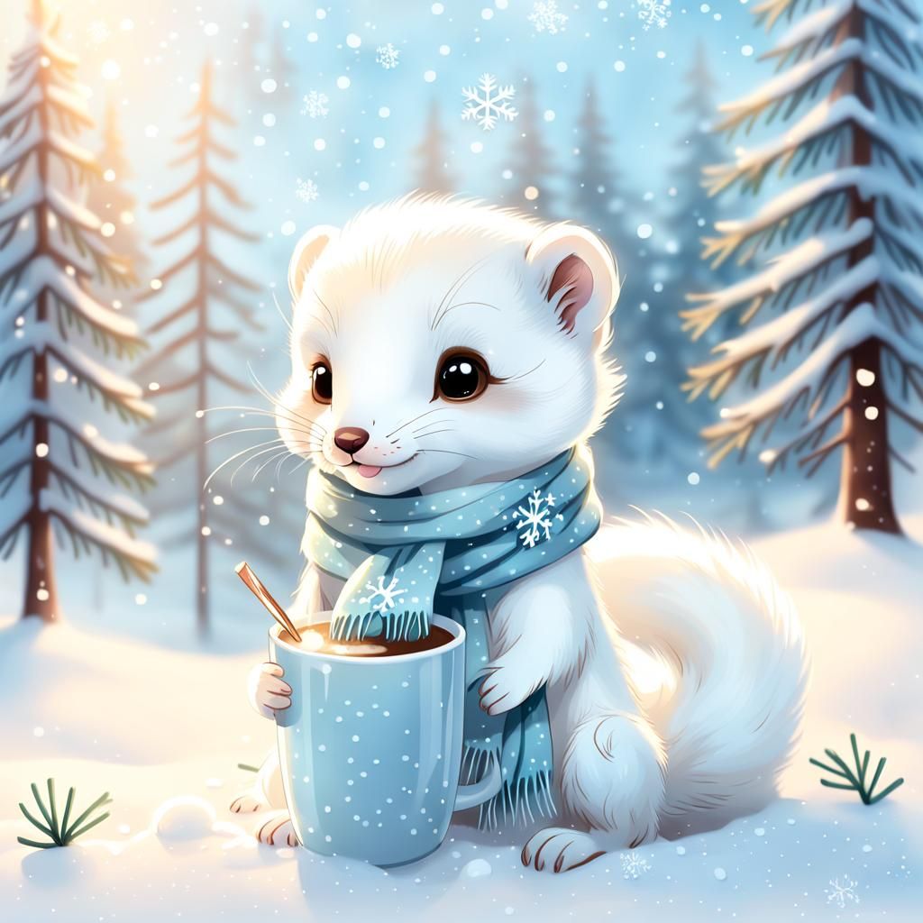 Baby White Weasel Sips Hot Chocolate in Winter Wonderland