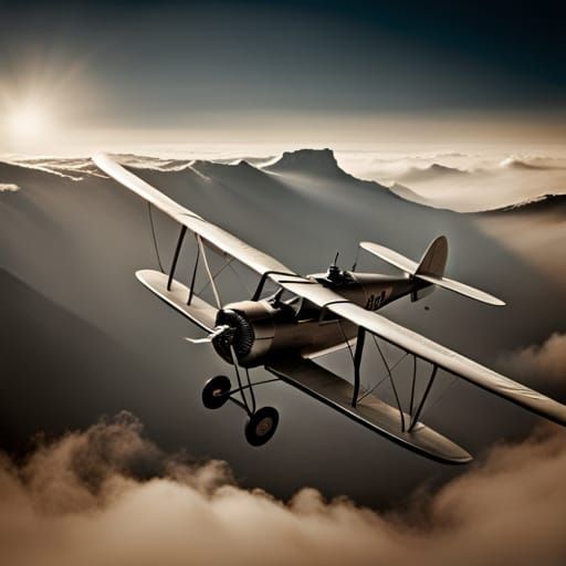 Biplane Over Landscape in Vintage Style