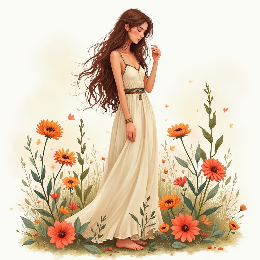 Whimsical Woman in Floral Dreamscape