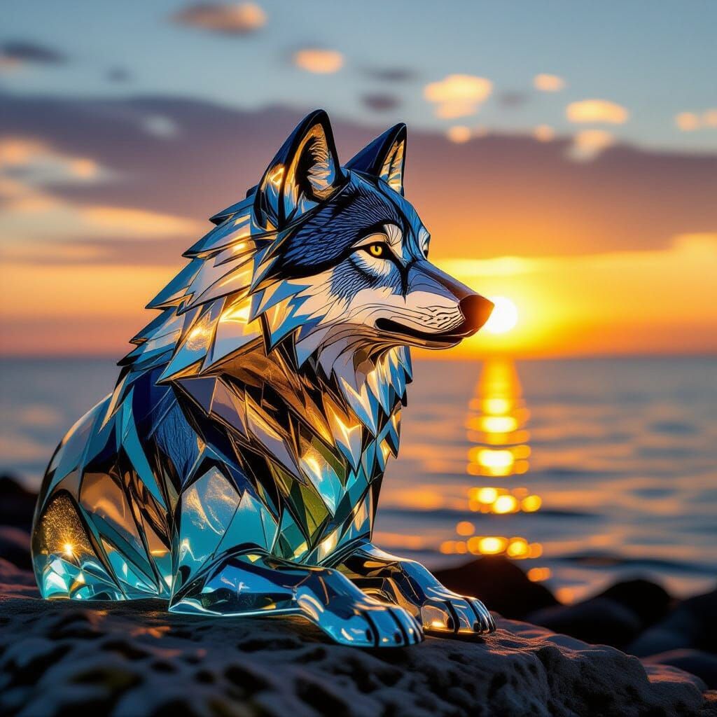 Sea Glass Wolf Sculpture at Sunset Over Ocean