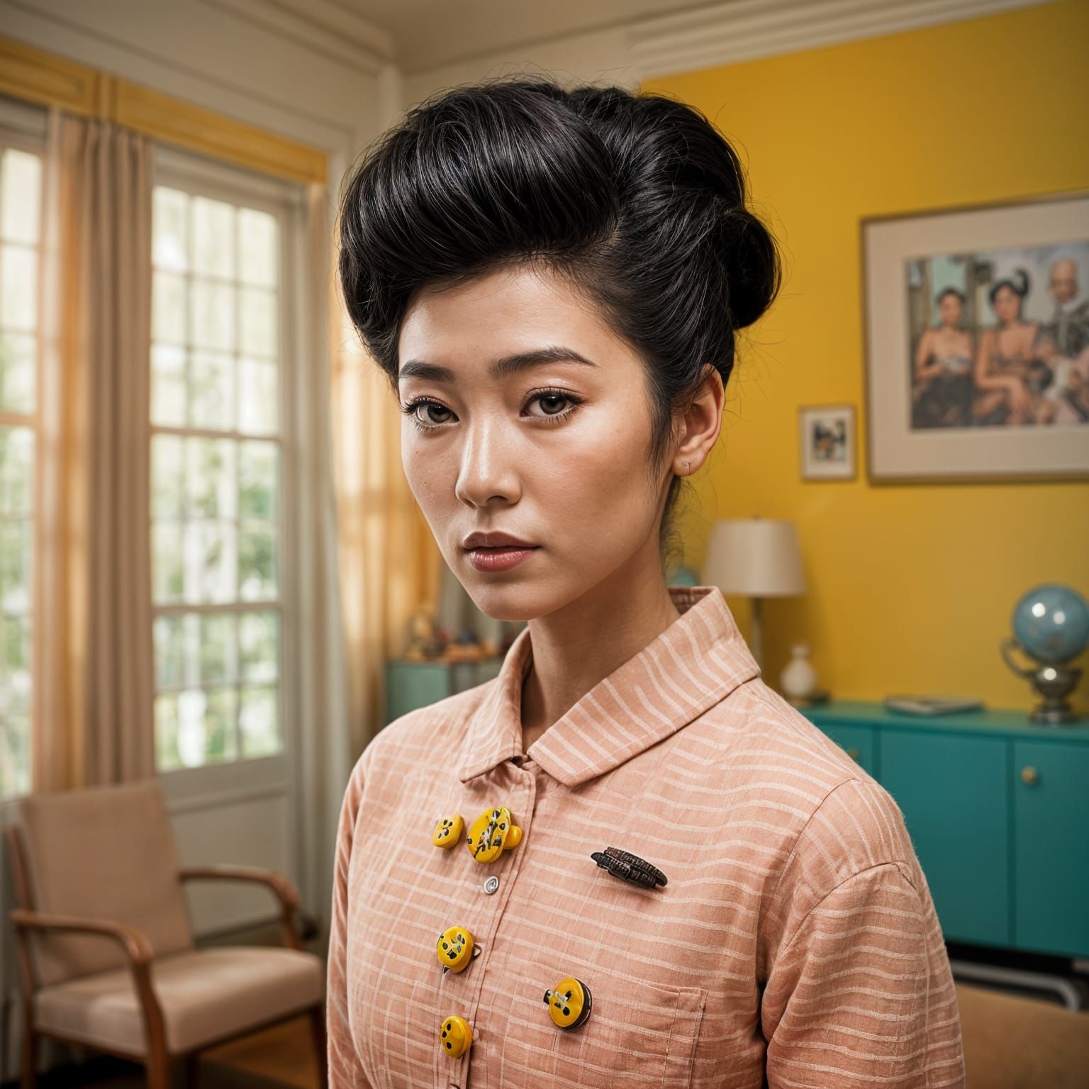 Asian Model with Beehive in Wes Anderson Style