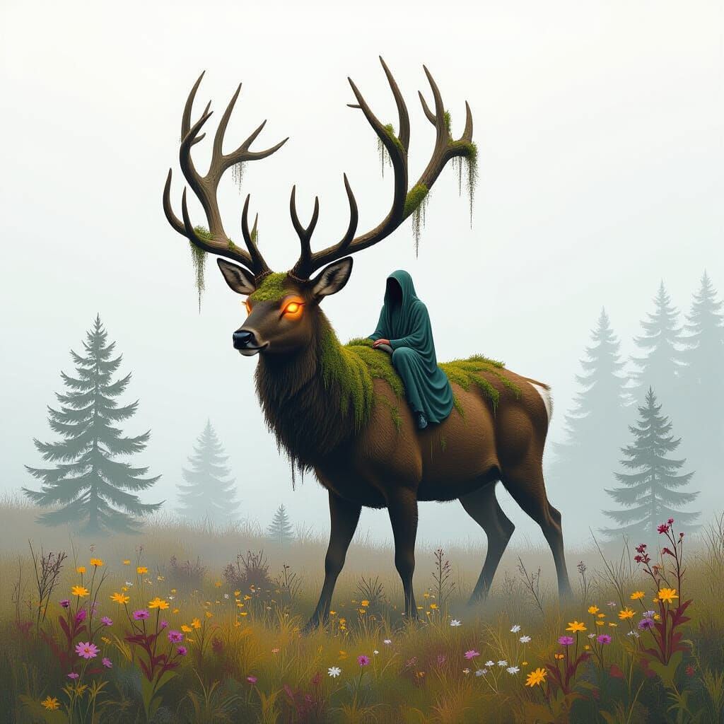 Moss Antlered Deer in Dreamlike Gouache Painting