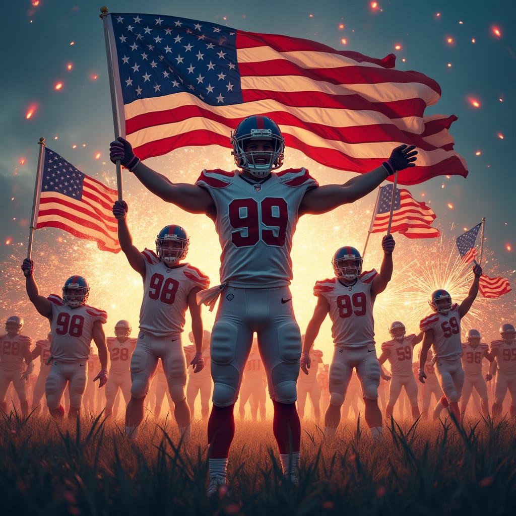 Patriotic American Football Celebration with Fireworks
