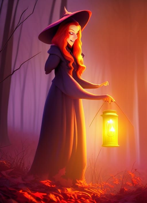 Enchanting Witch in Autumn Woods, Fantasy Art