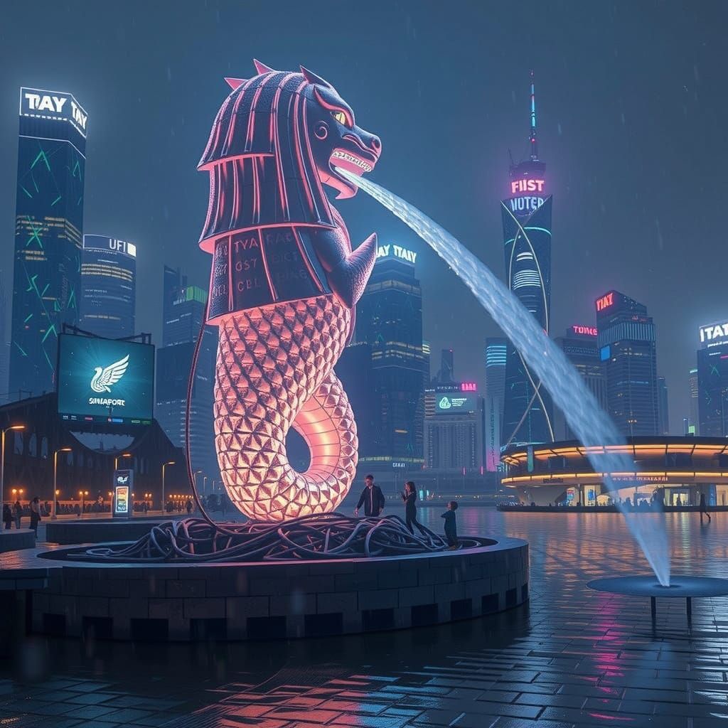 Cyberpunk Merlion Amidst Neon Singapore Skyline