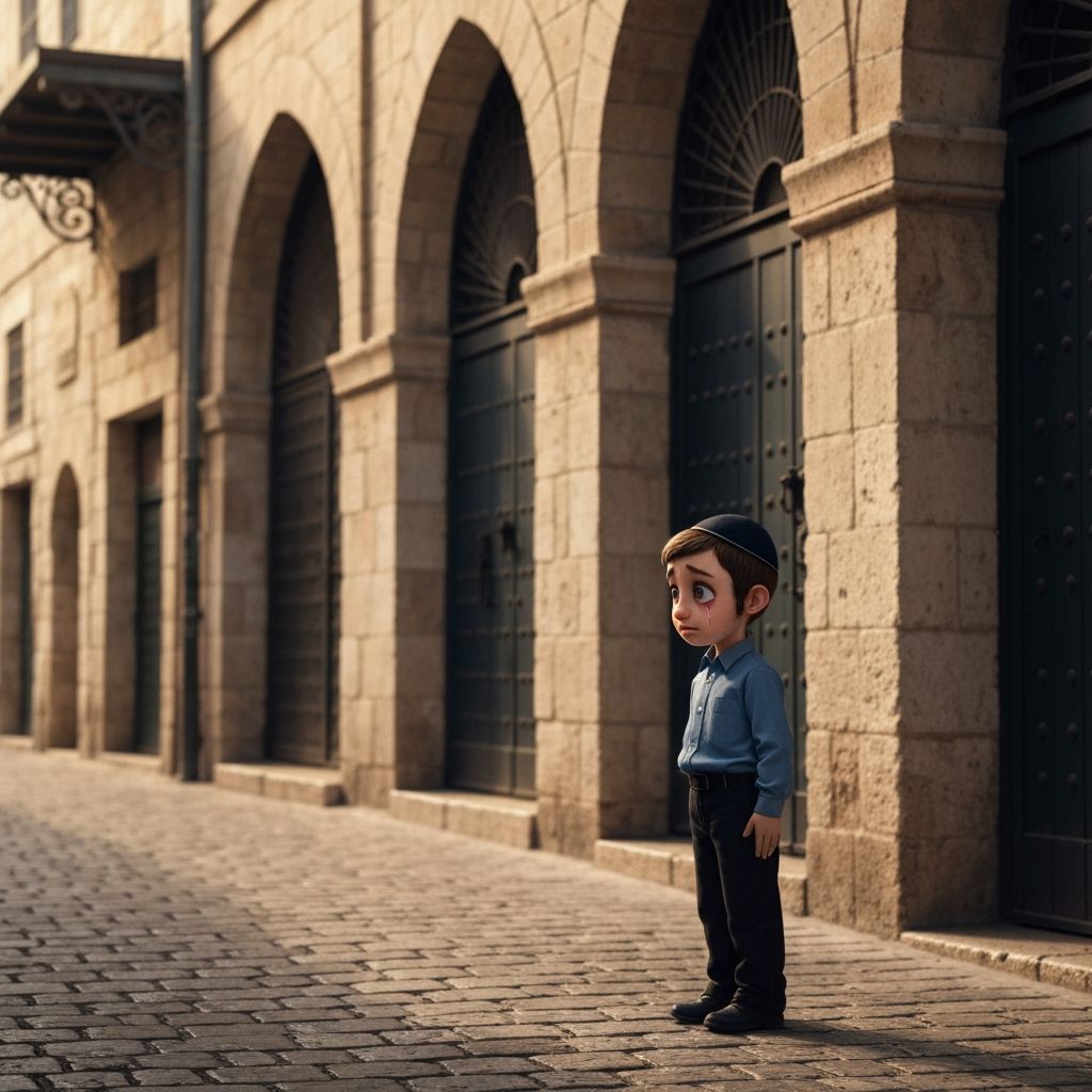 Pencil Drawing of Sad Boy in Old City Street