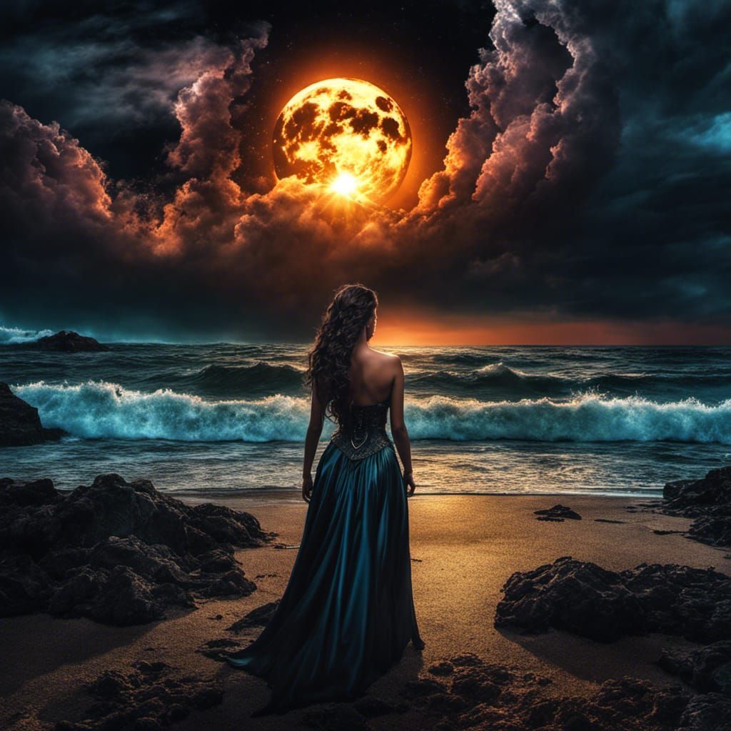 Lovecraftian Sunset Storm with Beautiful Woman