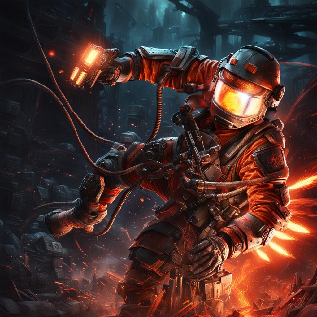 Battle-Hardened Engineer in Industrial Sci-Fi Landscape