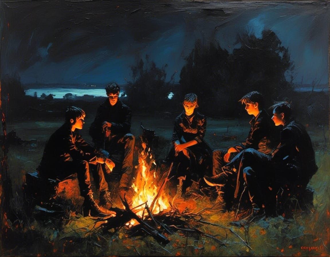 Teen Silhouettes Around Bonfire, Impasto Oil Painting
