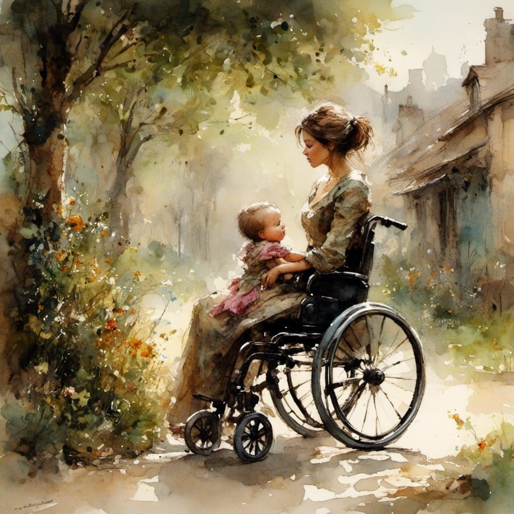 Mother and Child in Wheelchair: Oil Painting Style