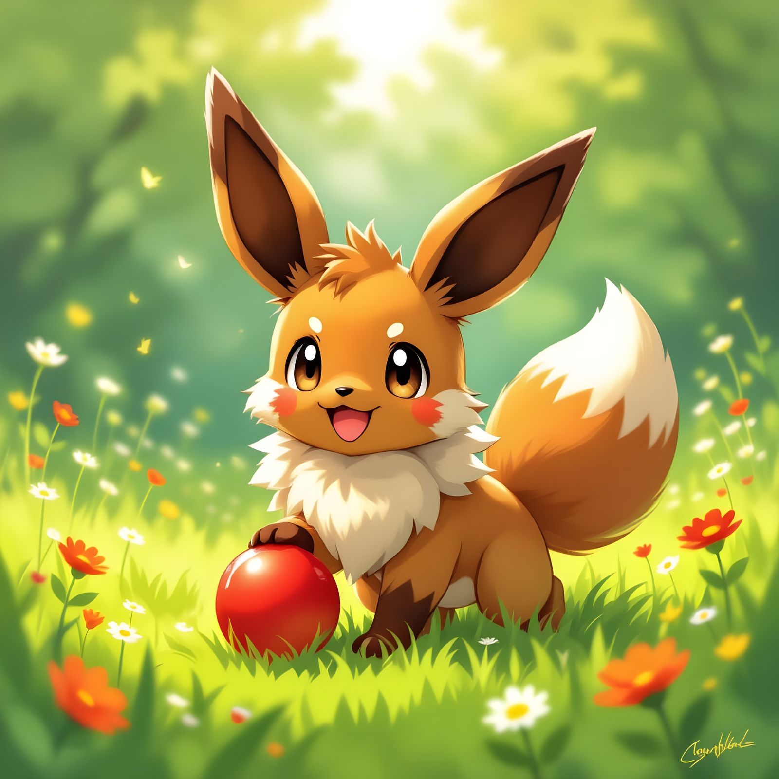 Eevee Plays With Red Ball in Sunny Meadow