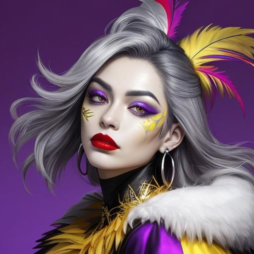 Abstract Expressionist Woman with Feathers and Silver Eyes