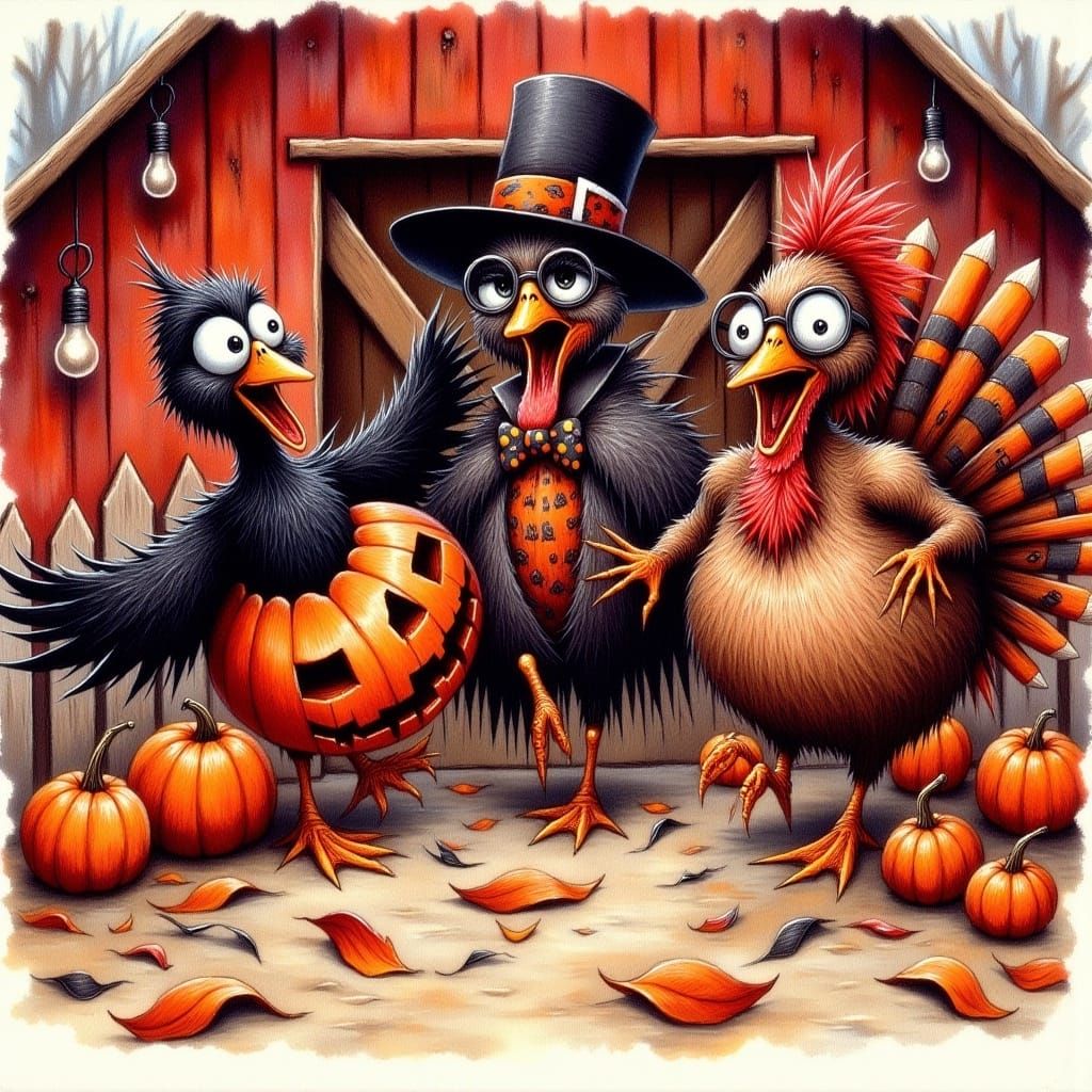 Whimsical Birds' Halloween Frenzy Watercolor