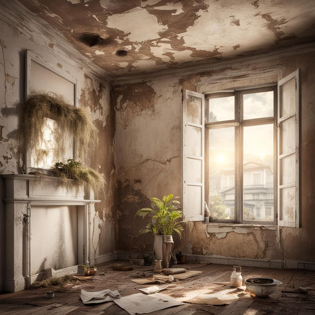 Shabby Apartment Living Room with Water Damage