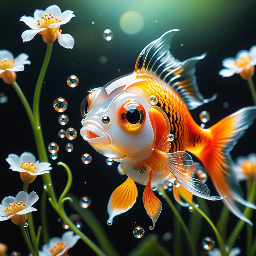 Adorable Glass Goldfish Portrait with White Flowers