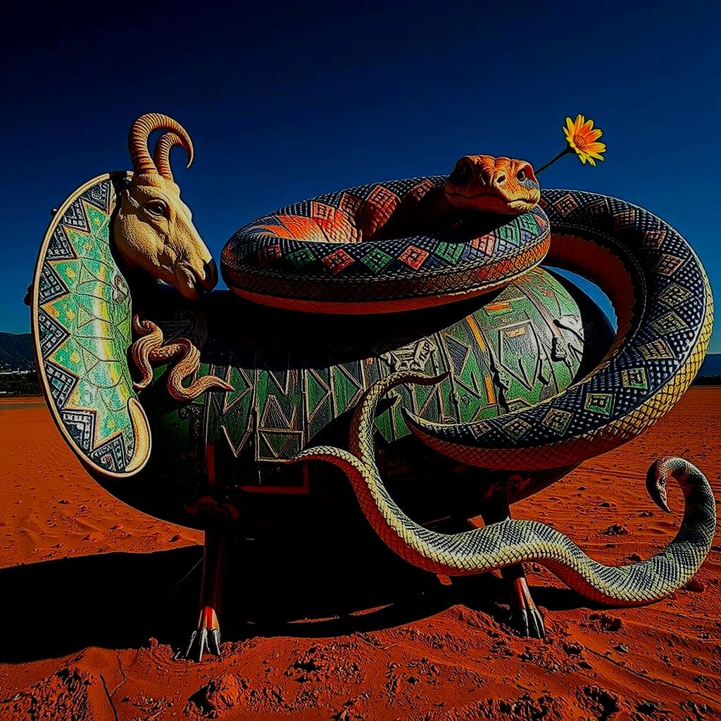 Mythical Chimera: Lion, Goat, Snake with Teal Hair