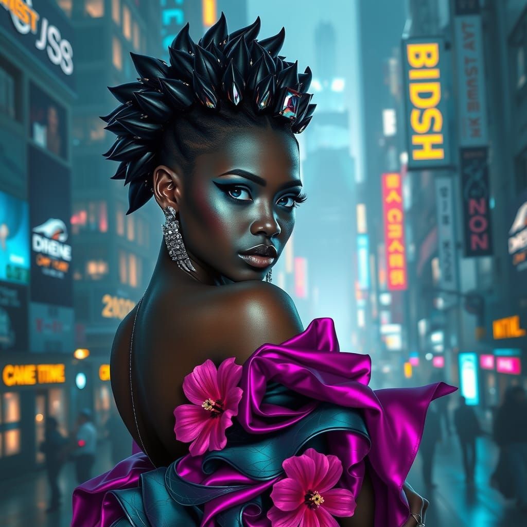 Ebony Woman with Amethyst Eyes in Cyberpunk Cityscape