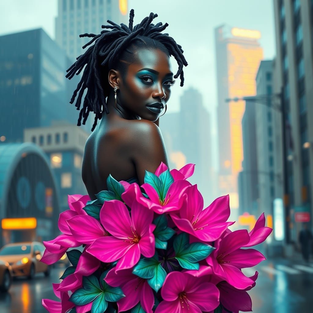 Ebony Woman with Amethyst Eyes in Cyberpunk Cityscape