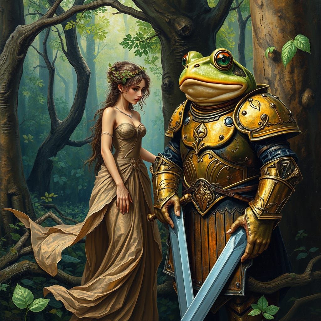 Ethereal Dryad and Armored Frog Warrior in Vibrant Impasto
