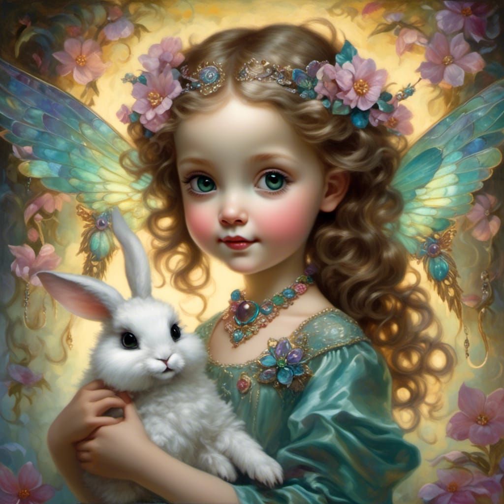 Iridescent Fairy Girl with Hummingbird in Art Nouveau Style