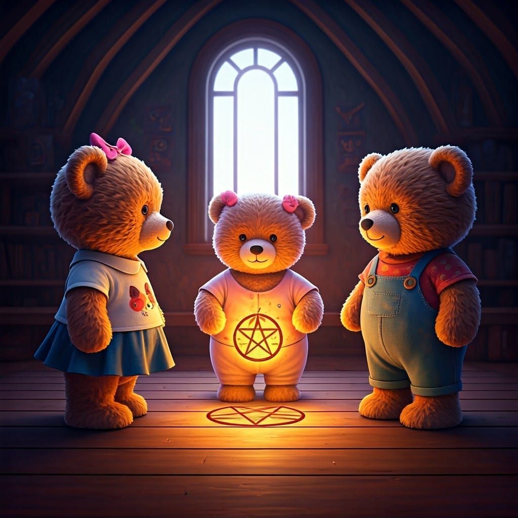 Teddy Bears Summoning Devil in Cozy Room